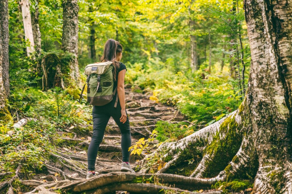 Woman hiking in a Michigan forest 