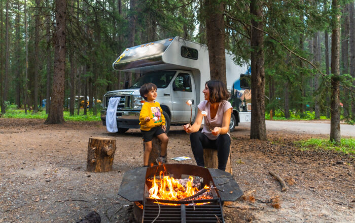 Mother and son camping